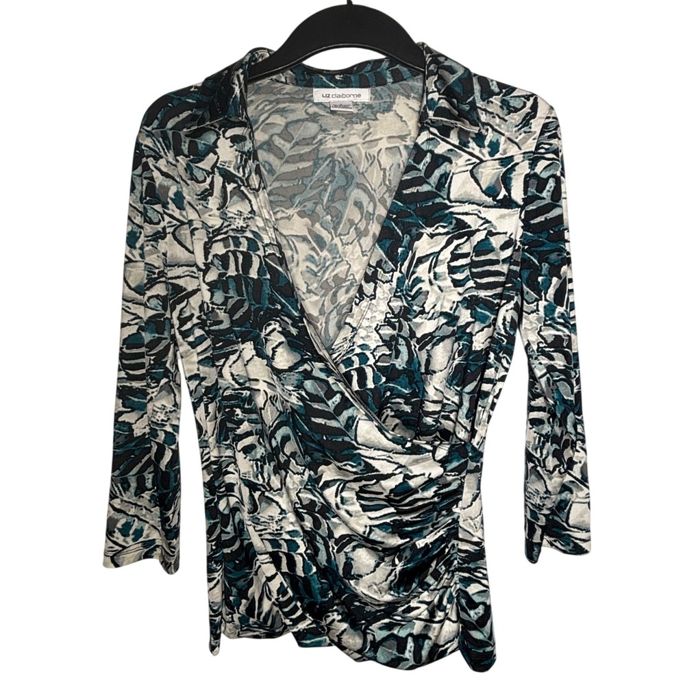 Used‎ Liz Claiborne Women Teal Black Botanical Leaf Print Ruched Wrap Top Sz Lrg
